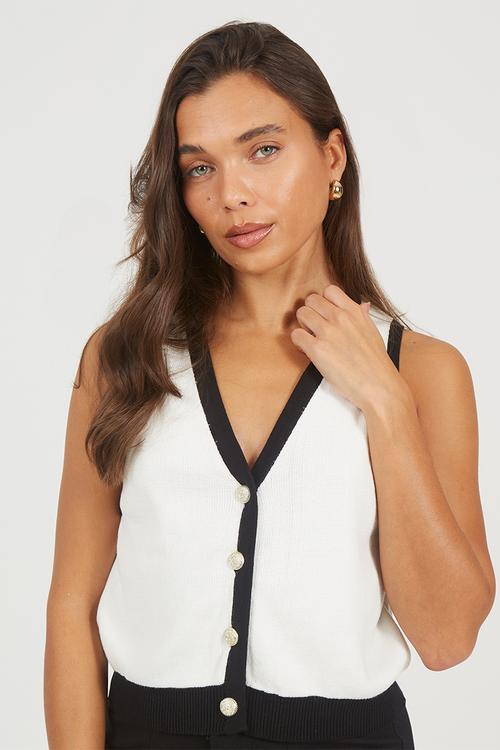 Ladies V-Neck Waistcoat With Fancy Button Front Fastening - White/Black