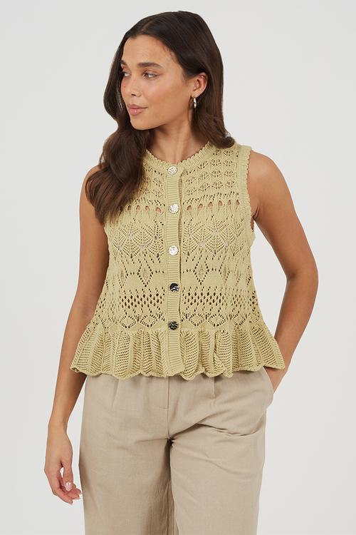 Ladies Crew Neck Pointelle Waistcoat With Peplum Frill Hem - Sage