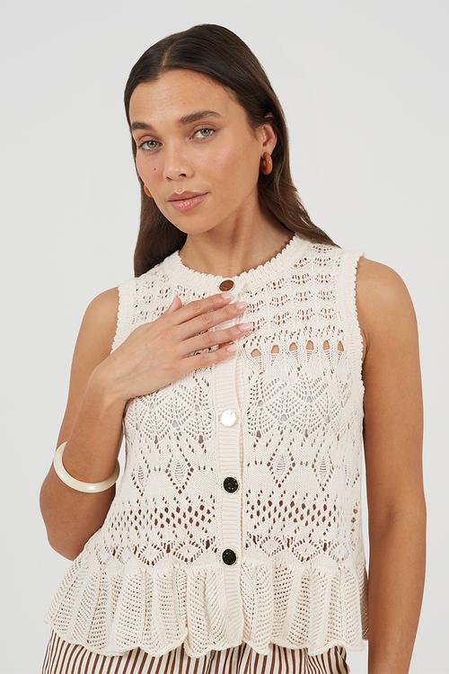 Ladies Crew Neck Pointelle Waistcoat With Peplum Frill Hem - White