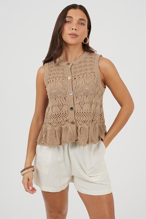 Ladies Crew Neck Pointelle Waistcoat With Peplum Frill Hem - Mocha