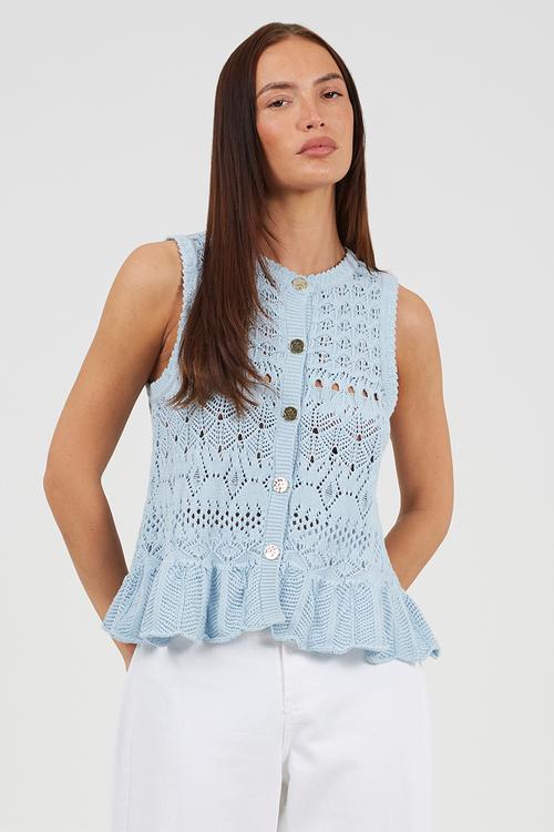 Ladies Crew Neck Pointelle Waistcoat With Peplum Frill Hem - Blue