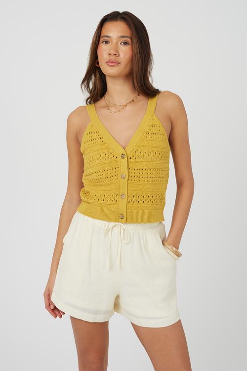 Ladies Crochet Knit Waistcoat With Tortoiseshell Buttons - Ochre