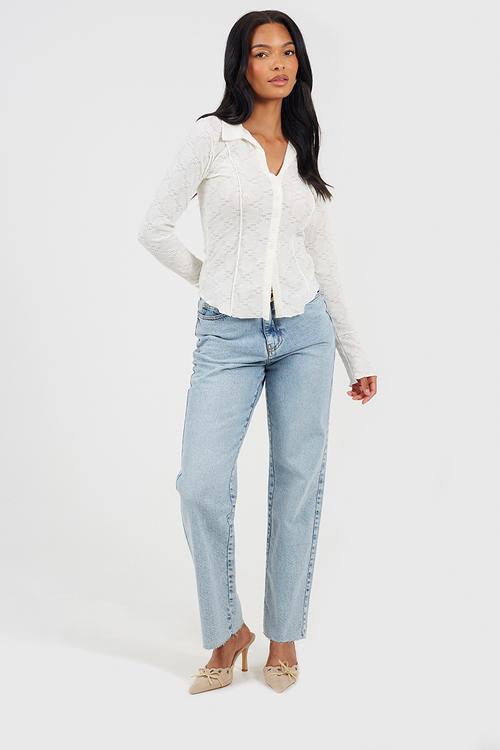 Ladies Long Sleeve Collared Button Down Textured Jersey Top - Cream
