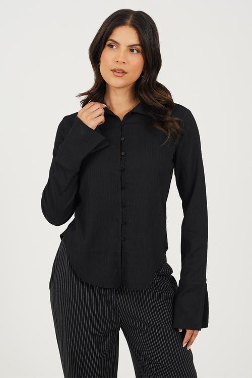 Ladies Long Sleeve Button Through Collared Top - Black