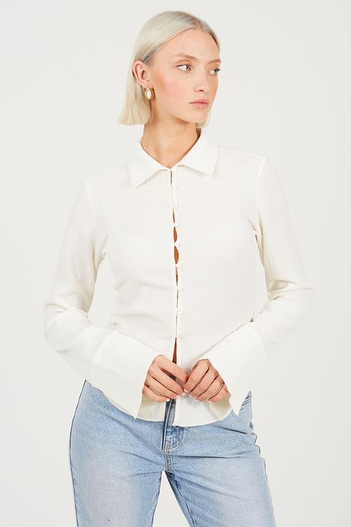 Ladies Long Sleeve Button Through Collared Top - Cream