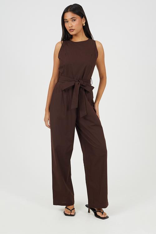 Ladies Woven Jumpsuit With Tie Waist Detail - Chocolate