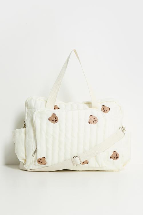 Quilted bear aop diaper bag - cornsilk white