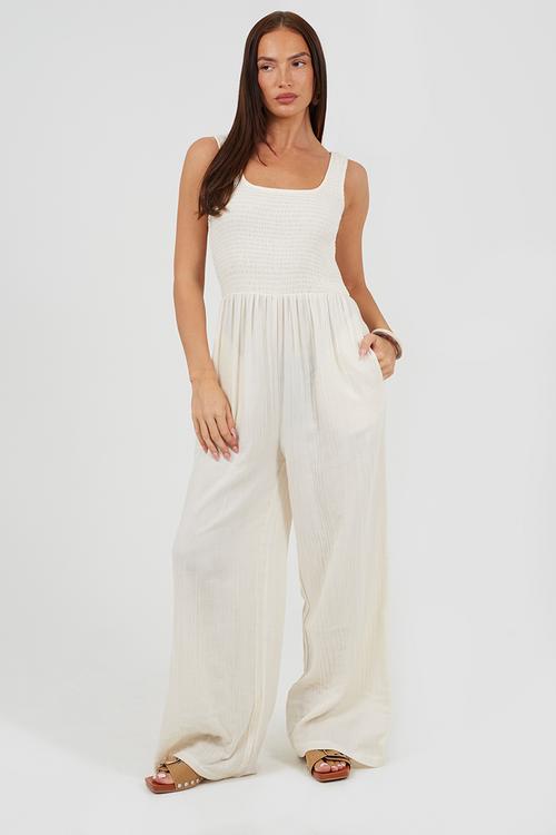 Ladies Scoop Neckline Jumpsuit - Cream