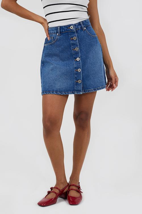 Ladies Button Down A Line Mini Skirt - Mid Wash Blue