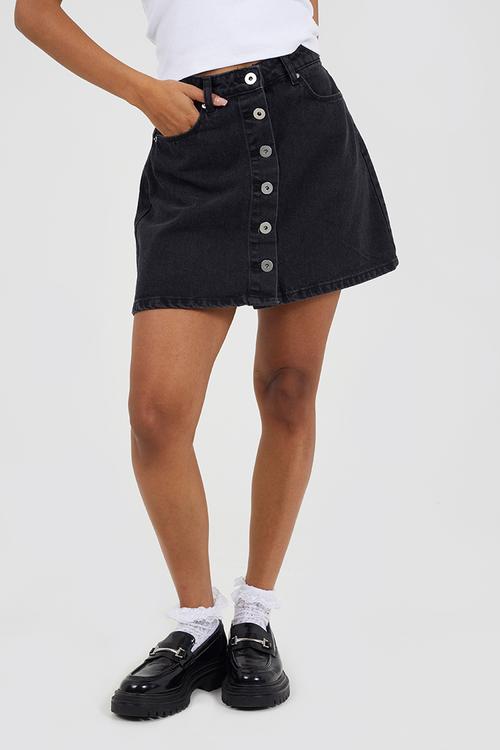 Ladies Button Down A Line Mini Skirt - Washed Black