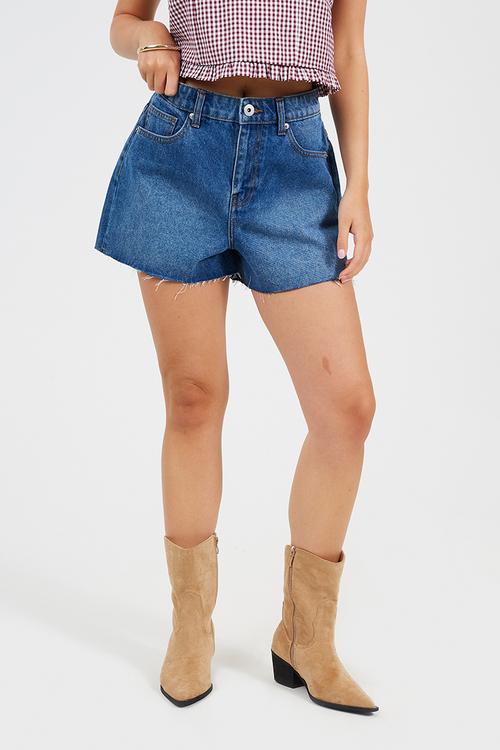 Ladies Distressed Denim Short - Dark Vintage Blue