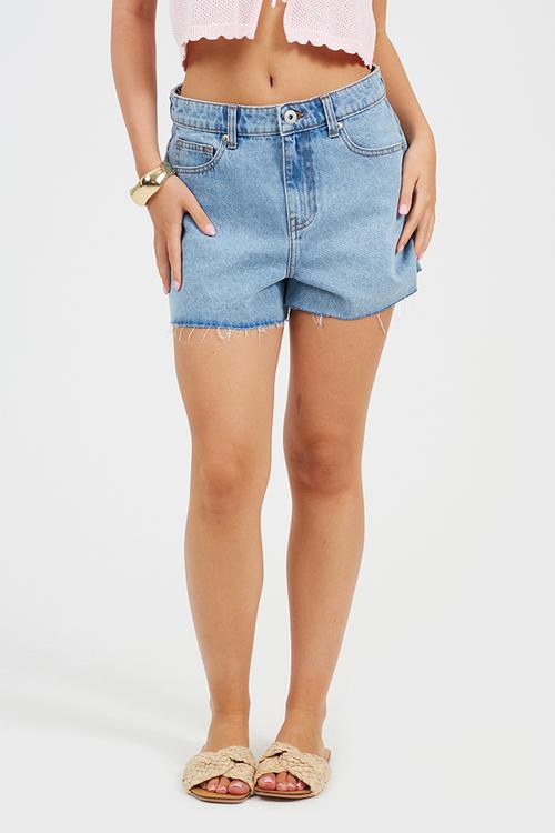 Ladies Distressed Denim Short - Pale Blue