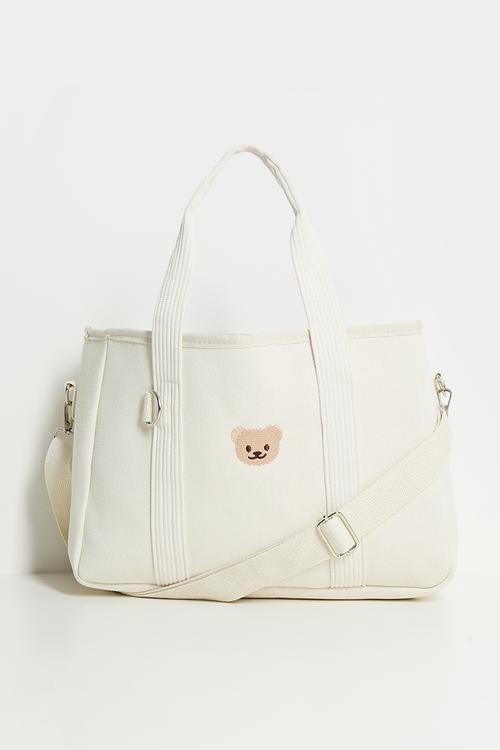 Canvas teddy bear diaper bag - off white