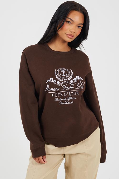 Ladies Crew Neck Sweatshirt With Embroidery - Chocolate/White