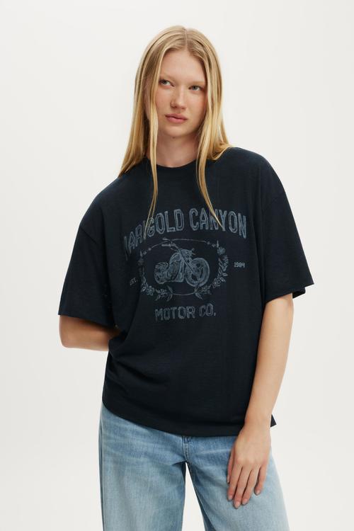The Boxy Graphic Tee - Marigold Canyon Motor Co/ Ink Navy