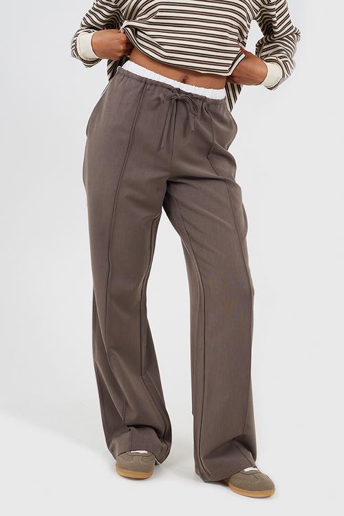 Ladies Tailored Trouser With Contrast Waistband - Chocolate/White