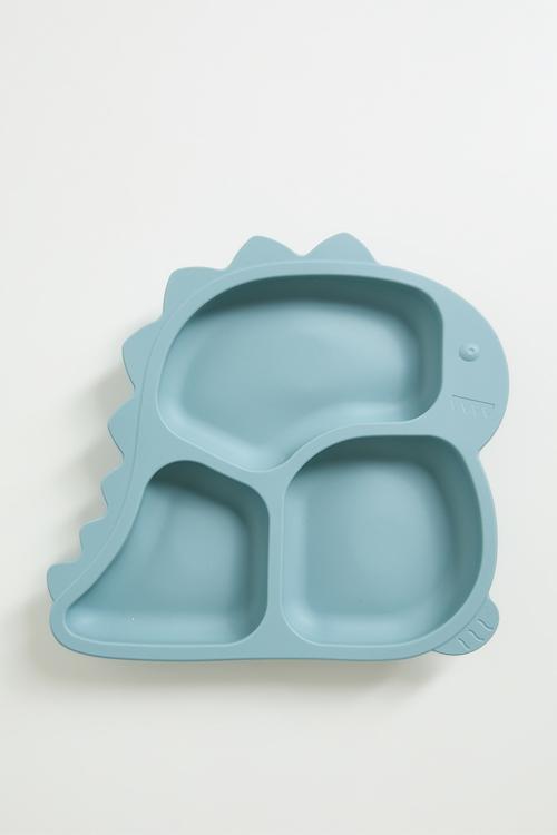 Dino silicone baby plate - teal blue