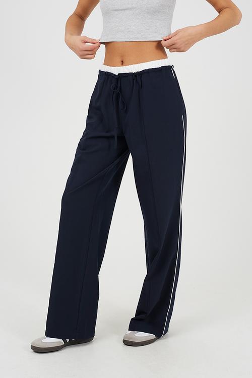 Ladies Tailored Trouser With Contrast Waistband - Dark Navy/White