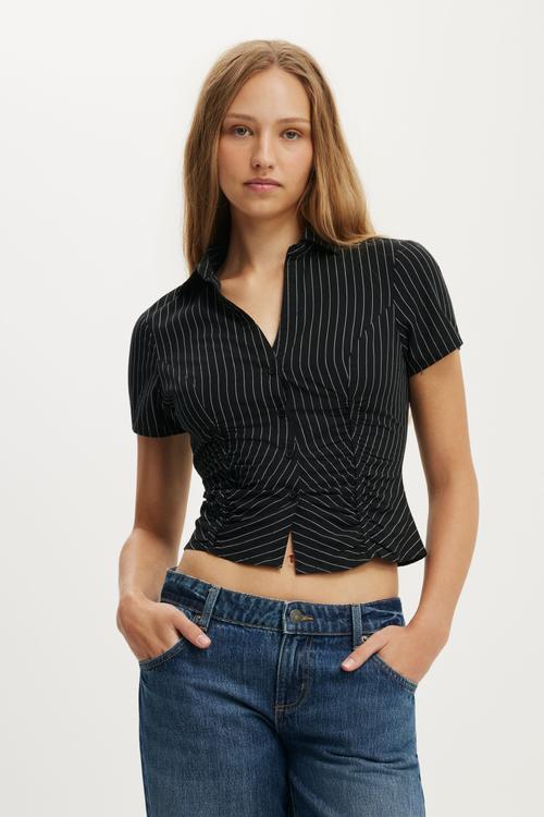 Maya Rouched Shirt - Kylie Black Pinstripe