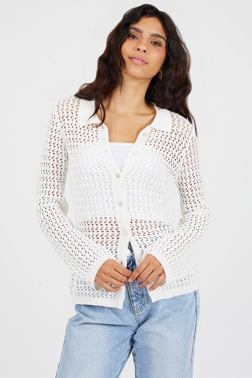 Ladies Button Through Collared Shirt In Open Mesh Stitch - Cream