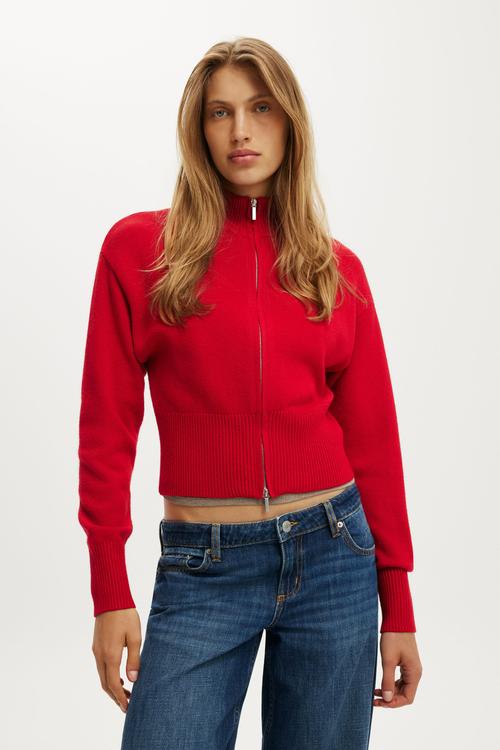 Lotus Cinched Zip Knit - Red Petal