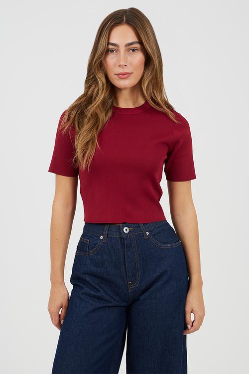 Ladies Knit Short Sleeves T-Shirt - Cranberry