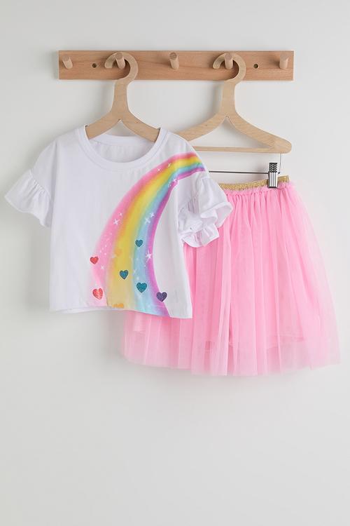 Rainbow graphic tee with tulle skirt - white/pink