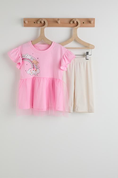 Tulle overlay peplum tee with capri leggings - pink/cream
