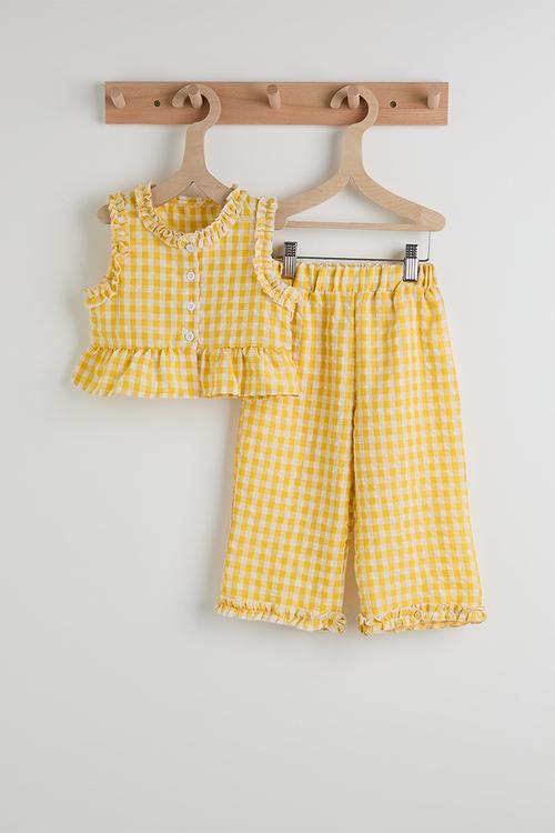 Gingham ruffled trim blouse and pants - yellow