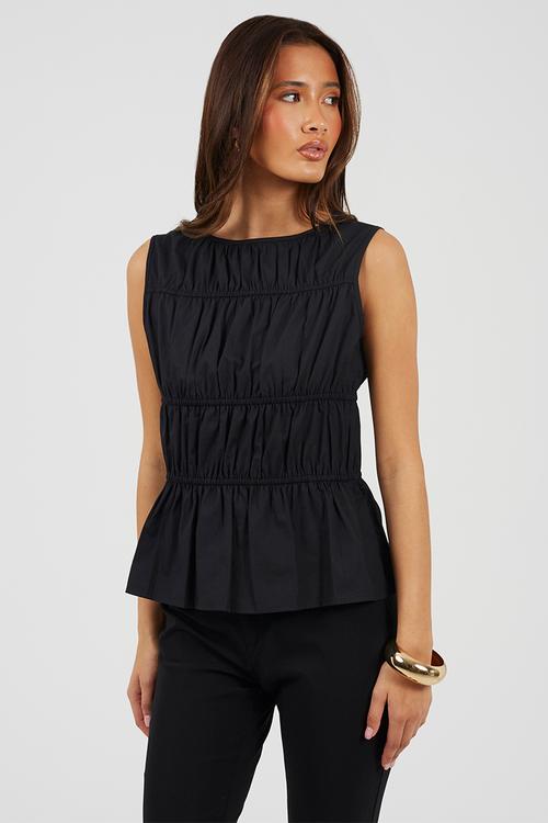 Ladies Sleeveless Ruched Poplin Top - Black