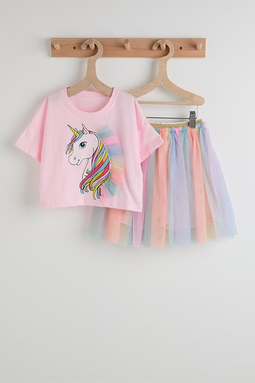 Graphic tee with tulle skirt - pink/multi