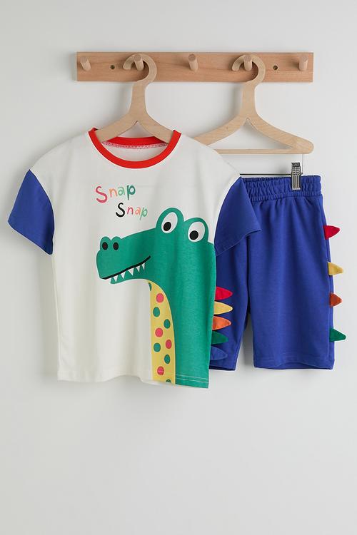 Dino graphic tee with 3D spike shorts - white/blue/multi