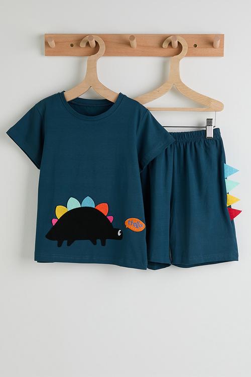 Dino graphic tee with side spike shorts - sea blue
