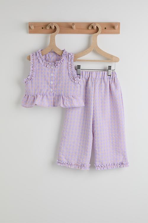 Gingham ruffled trim blouse and pants - lilac/light pink