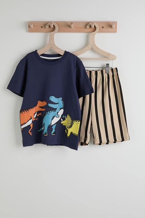 Dino graphic tee with striped shorts - navy/beige