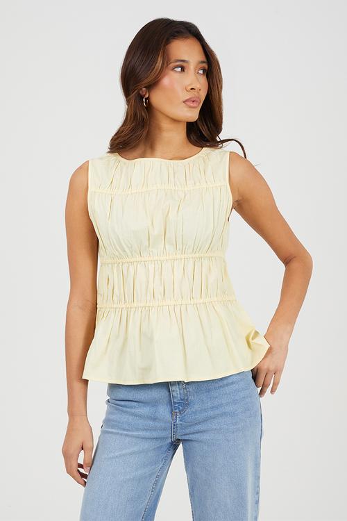 Ladies Sleeveless Ruched Poplin Top - Yellow