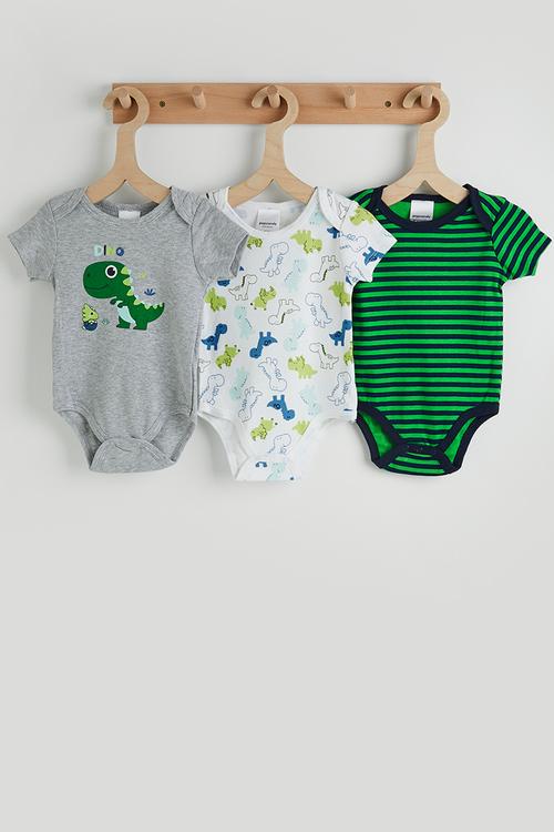 3 pack bodysuit - grey/dino aop/green stripes