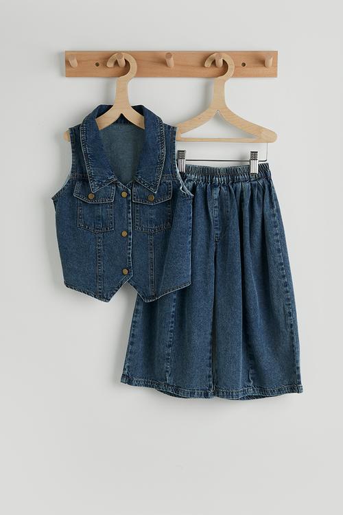 Denim collared vest with bermuda shorts - dark blue