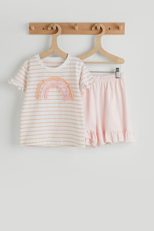 Rainbow ruffle trim tee with shorts - light pink