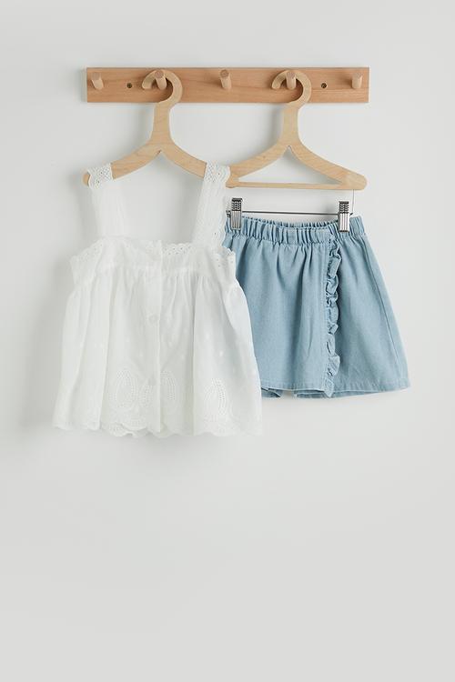 Anglaise square neck top with denim skort - white/blue