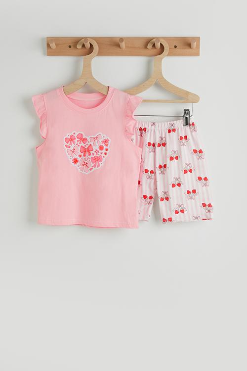 Frilled sleeve pj set - pink/pink stripes/bow aop