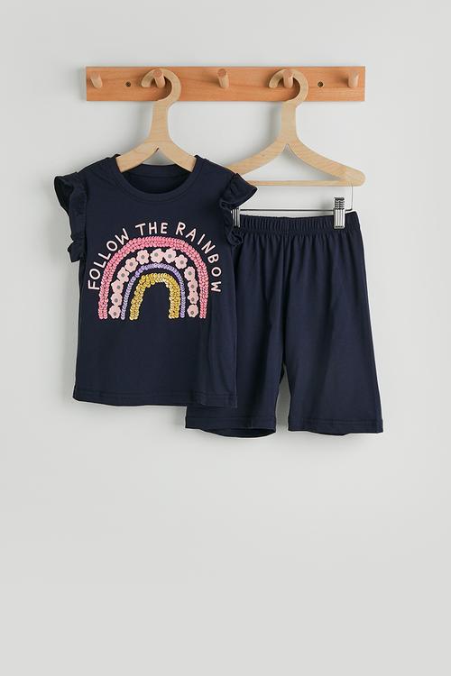 Frilled sleeve pj set - navy/rainbow