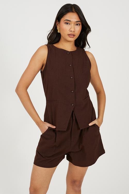Ladies Woven Button Through Tailored Vest - Chocolate