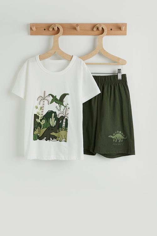 Dino scene placement tee with shorts - white/green