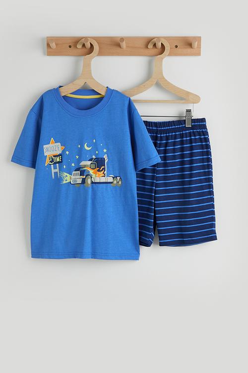 Truck graphic and slogan tee with striped shorts - blue