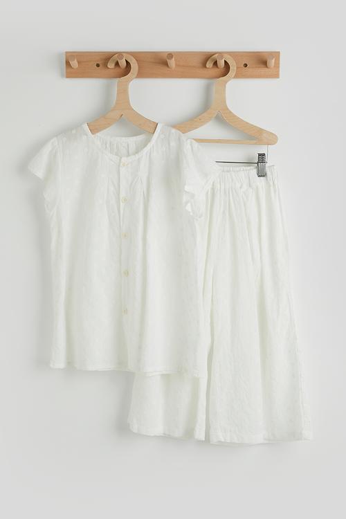 Anglaise button down blouse with wide leg pants - white