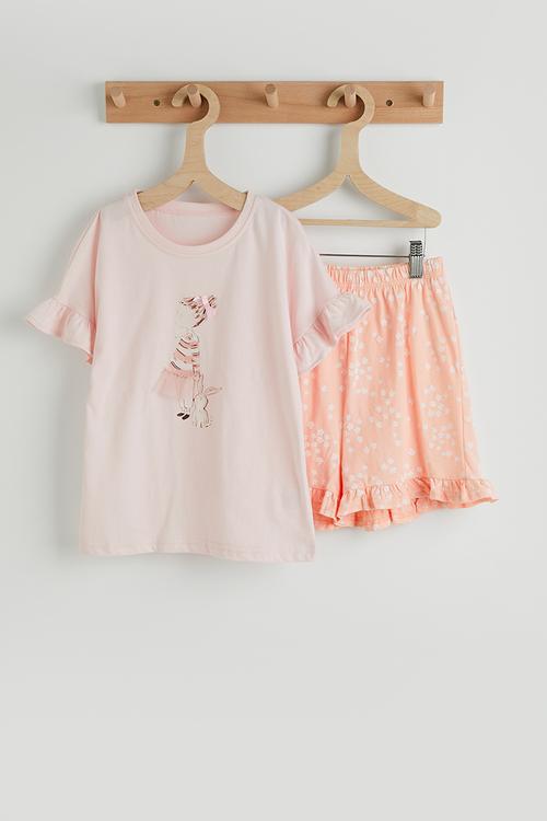 Girl with bunny tee & floral aop shorts - pink/peach