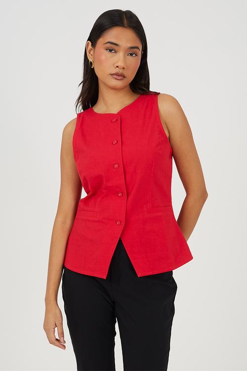 Ladies Woven Button Through Tailored Vest - Red