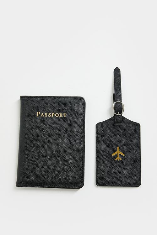 Passport cover and luggage tag set - black
