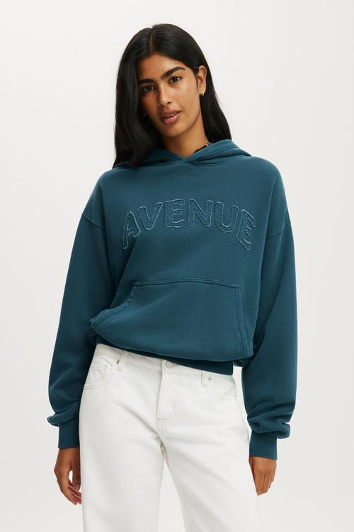 Graphic boxy fleece hoodie - washed mystic teal/avenue